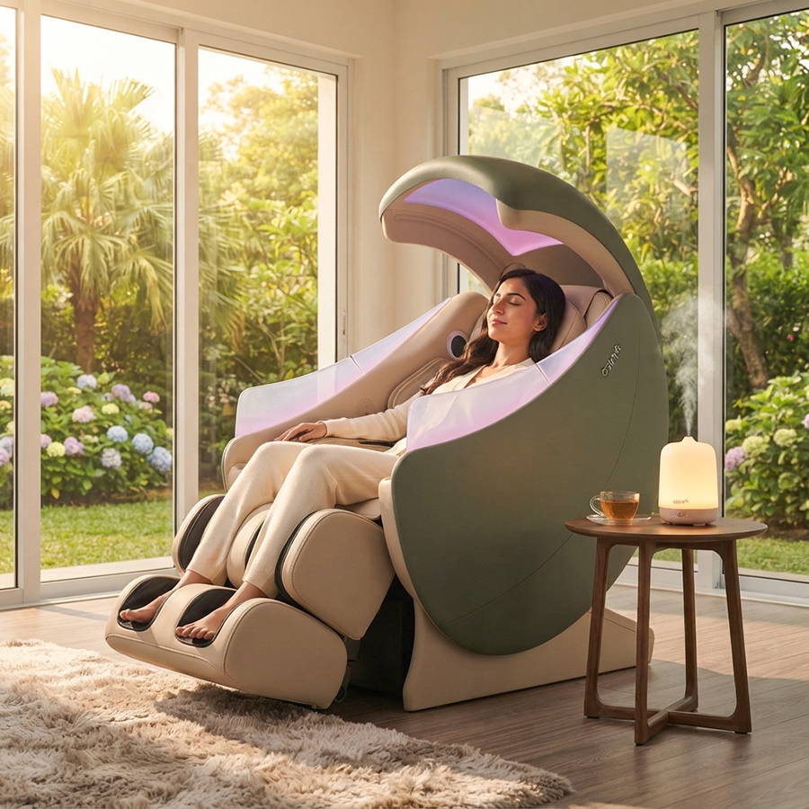 Woman relaxing in an OSIM uDream·AI massage chair in a sunlit home surrounded by greenery