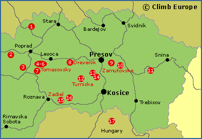 Map of the rock climbing areas in Eastern Slovakia around Kosice, Presov and Poprad