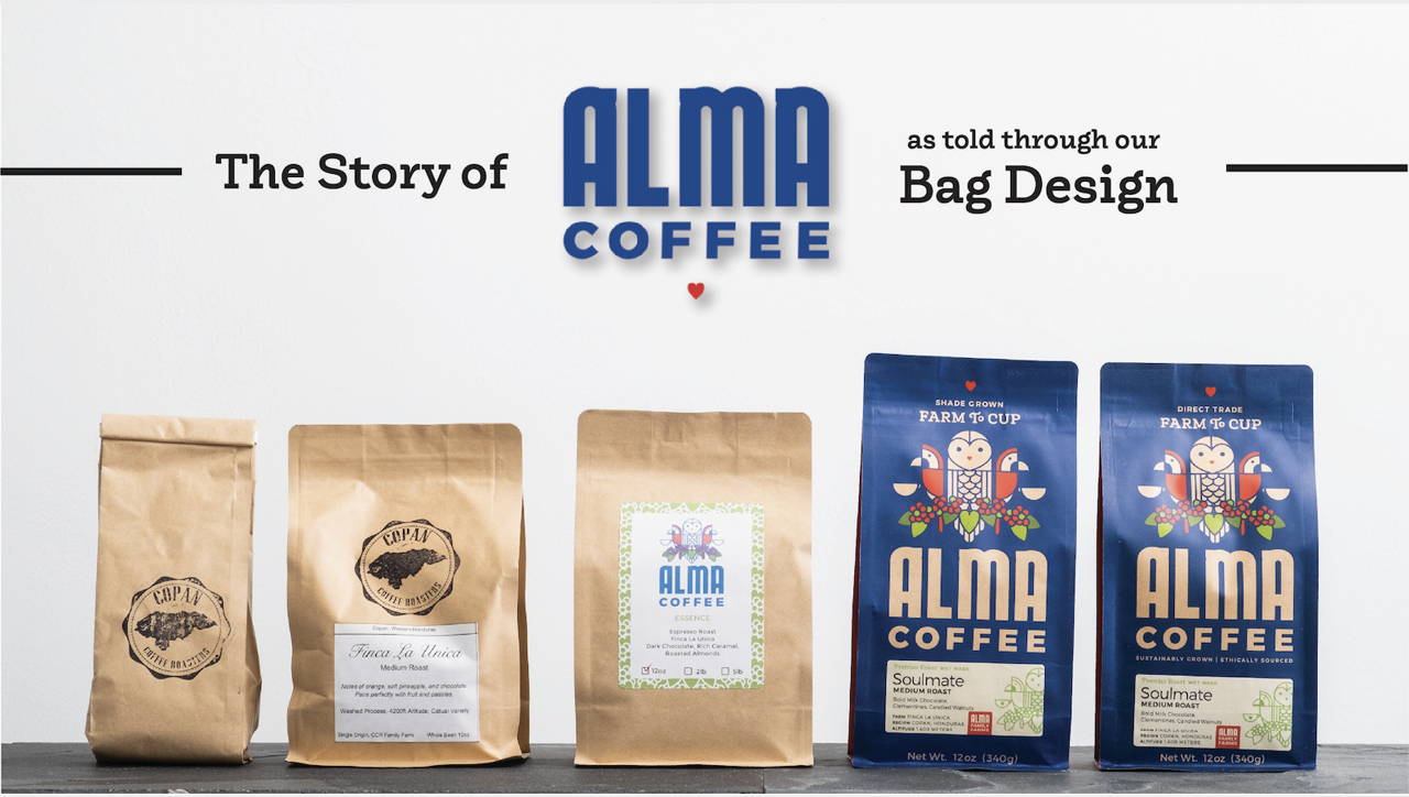 Five bags of Alma Coffee, from the earliest design to the most recent design.