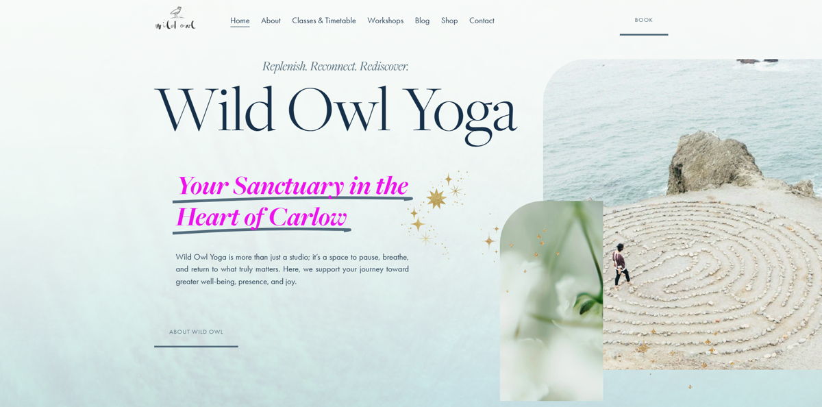 Screenshot of Wild. Owl, from the squarespace yoga websites collection.
