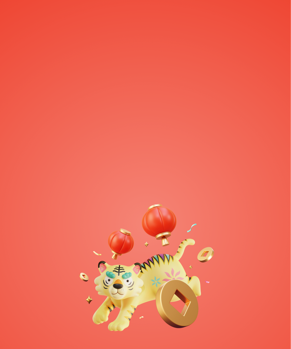 A tiger surrounded by gold coins and red lanterns for Confetti's Virtual Exploring Asian Art