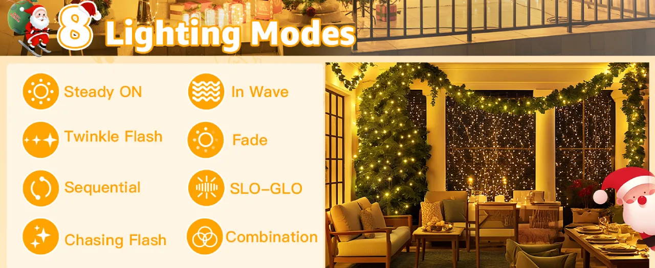 Features of Ollny's 800 leds clear cable cool white string lights - desktop size