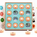 A turquoise-colored wooden Montessori memory matching game for kids with colorful animals, numbers, and objects.