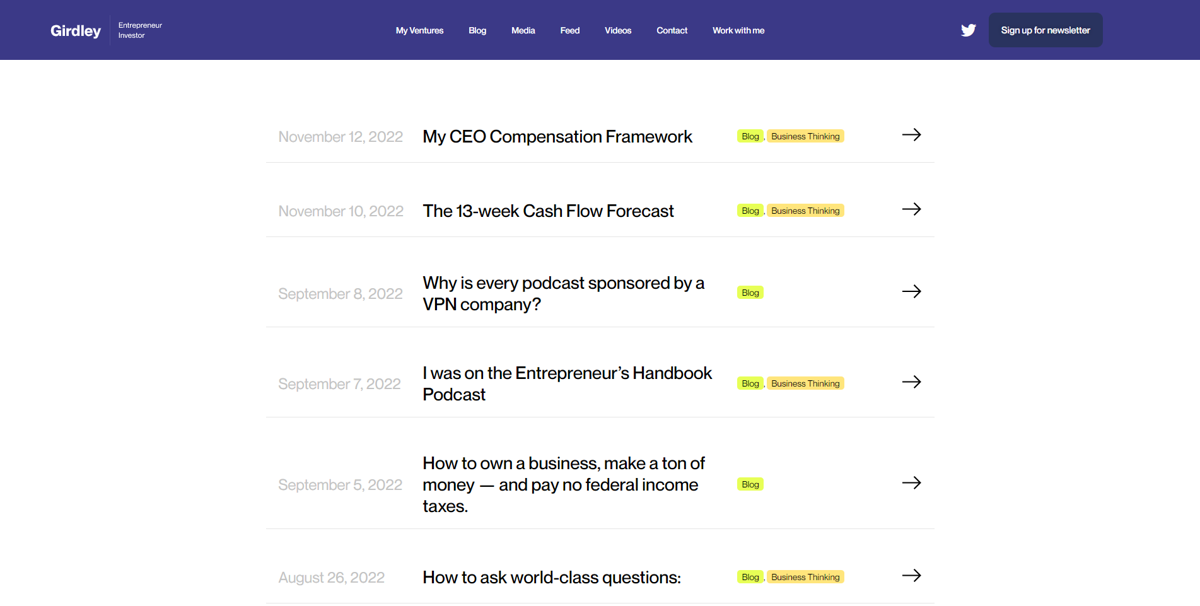 Screenshot of Business Blog - Michael Girdley, from the blog examples collection.