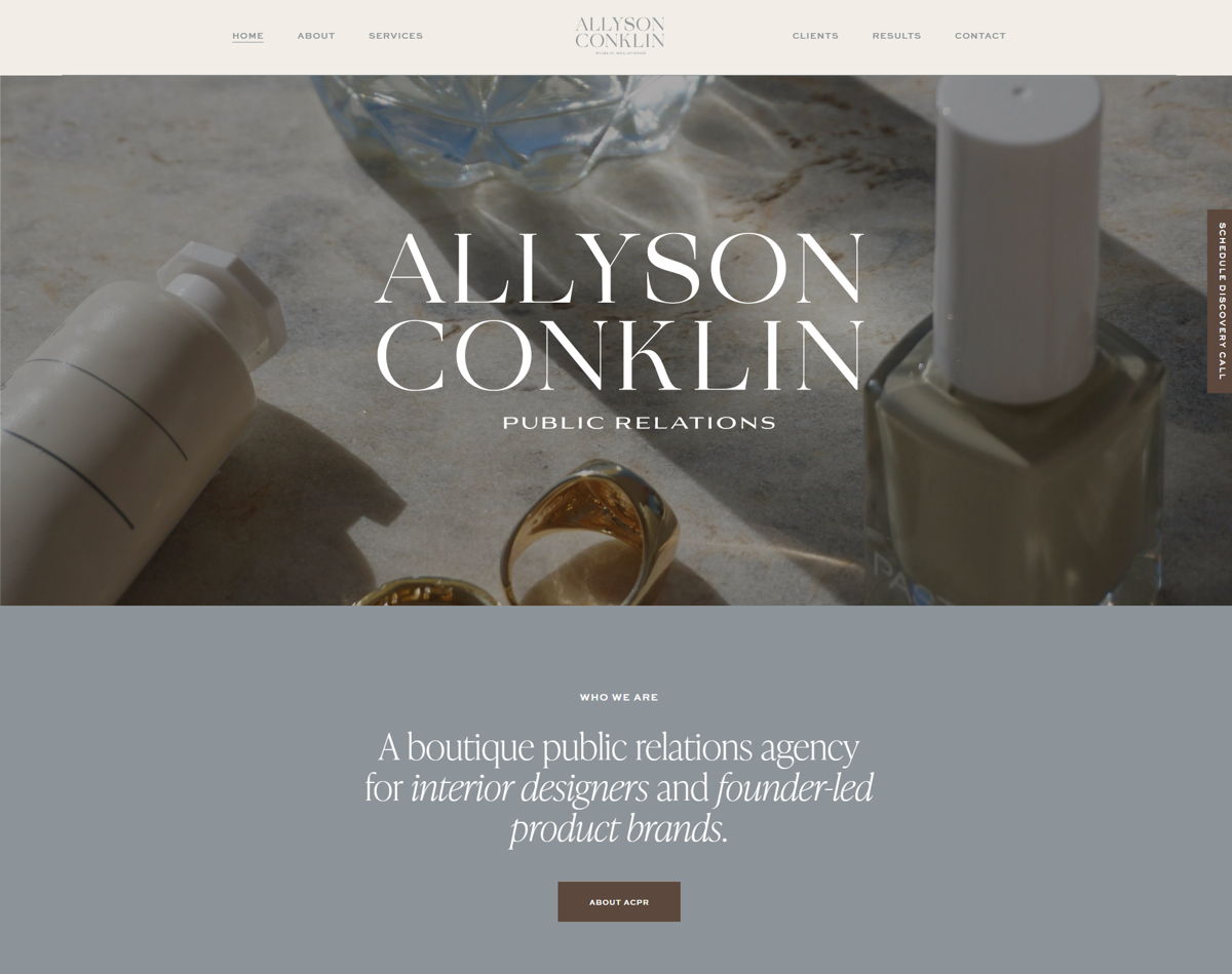 Screenshot of Allyson Conklin Public Relations, from the pr portfolios & websites collection.