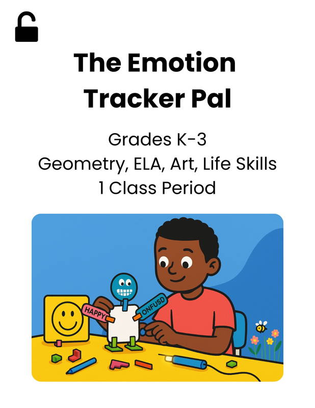 tudent creating an Emotion Tracker Pal with movable cardboard pieces and feeling labels in a hands-on STEM art and literacy activity that builds communication life skills for early learners.