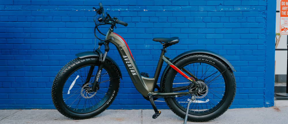 Aventon Aventure electric bike in front of blue wall