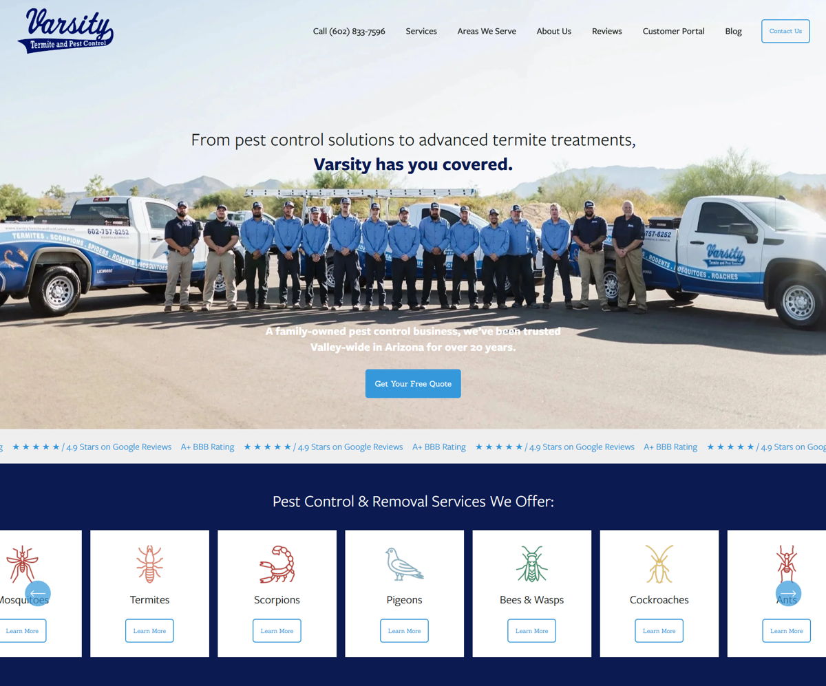 Screenshot of Varsity Termite & Pest Control, from the pest control websites collection.