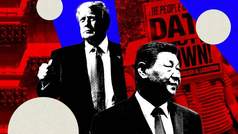 Image may contain: Xi Jinping, Donald Trump, Advertisement, Poster, Accessories, Formal Wear, Tie, Clothing, Suit, and Adult