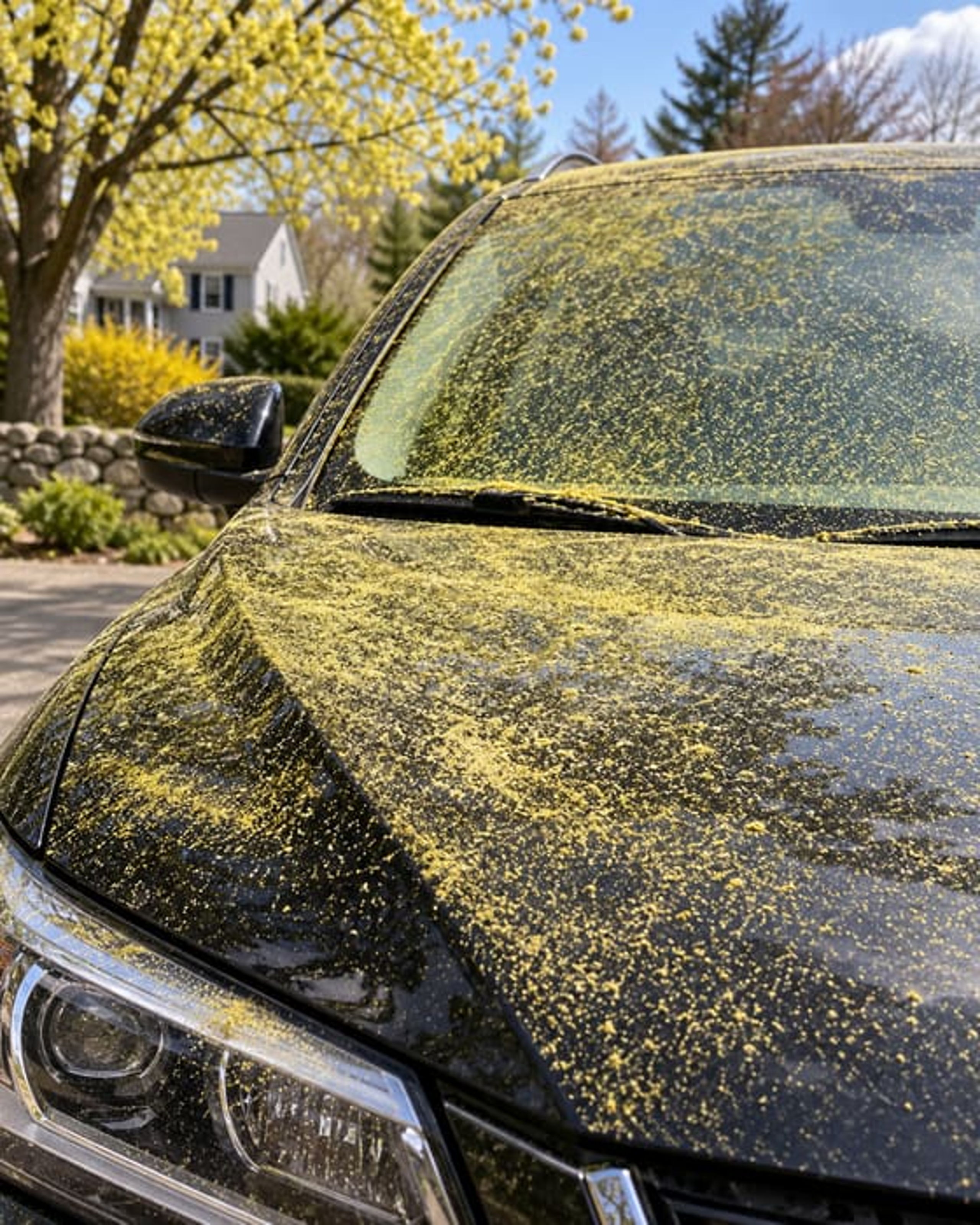 Yellow pollen settled across a car windscreen and bonnet