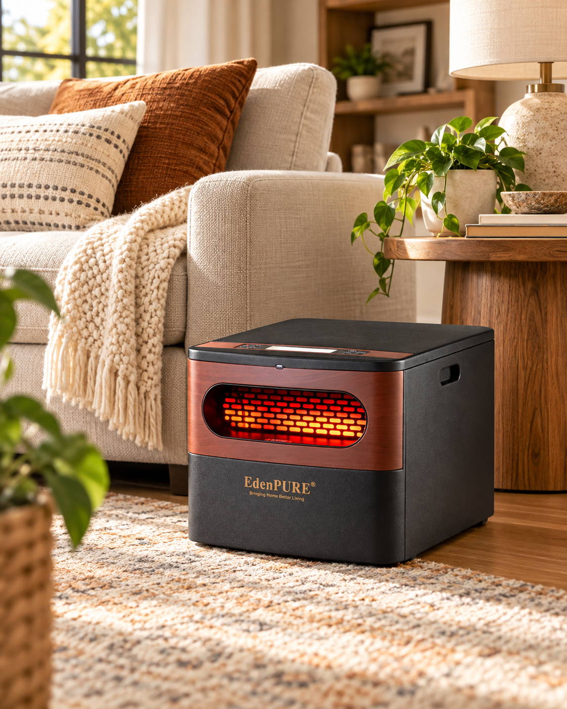 EdenPURE GEN2 infrared space heater providing supplemental warmth in a bright living room