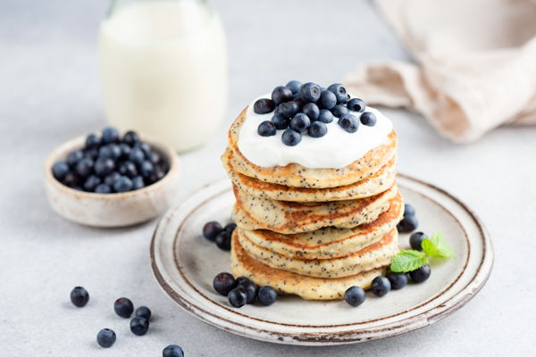 Photo of Lemon Poppyseed Pancakes, Blueberry Butter & Bacon