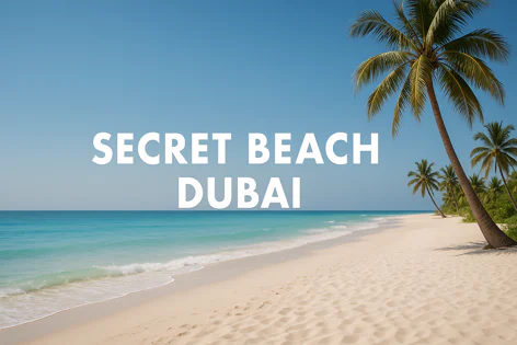 A serene sandy beach with turquoise water meeting the shore, lined with lush green palm trees against a clear blue sky at Secret Beach Dubai.