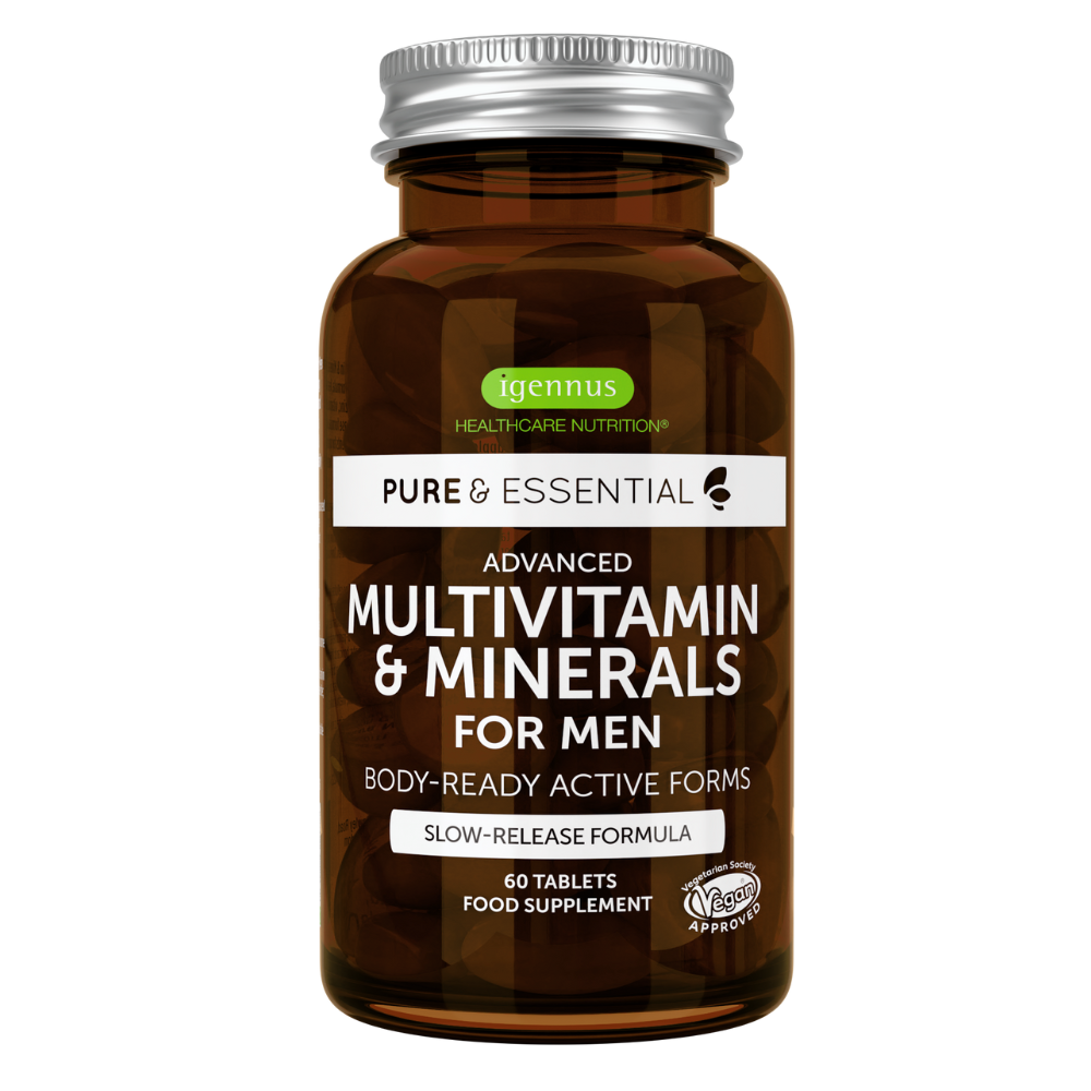 New Igennus Advanced Multivitamins & Minerals for Men provides 21 key nutrients with boosted levels of lycopene, vitamin D, B-complex vitamins and zinc, for greater energy, immunity, hormones, heart and prostate health and mood.