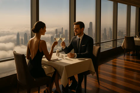 A couple celebrates with a wine toast at a table in a luxurious restaurant with a spectacular view of the city and clouds below.