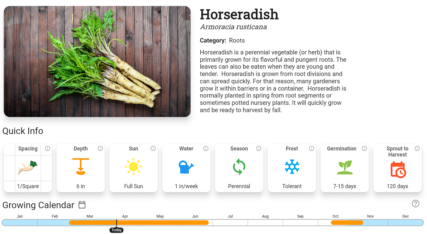 Information is listed in the Planter App on how to grow horseradish