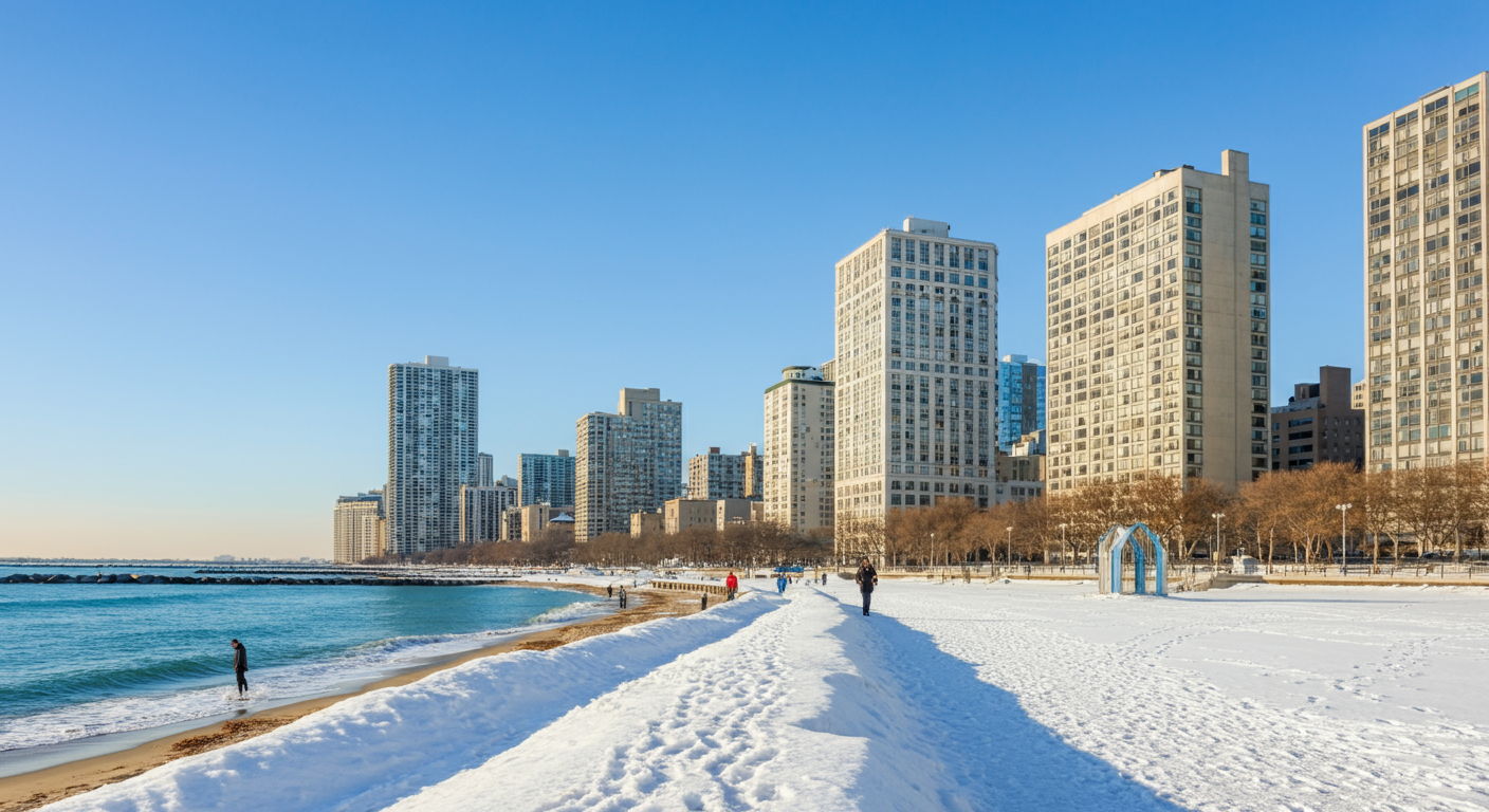 A winter scene of Oak Street Beach with snow-covered shoreline and fewer visitors, representing the slower winter market in Gold Coast when extended closing timelines might be more acceptable to sellers facing less competition and seasonal buyer scarcity.