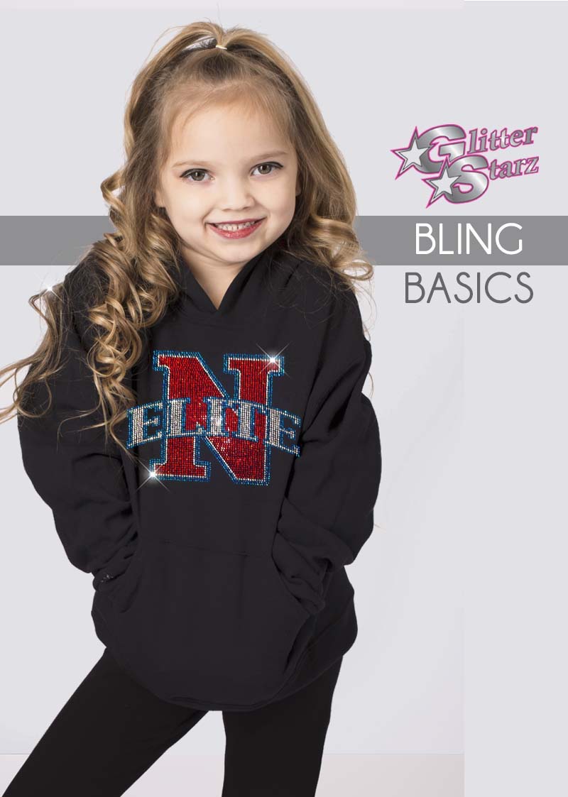 glitterstarz bling basics black hoodie with custom bling rhinestone team logo for cheer dance