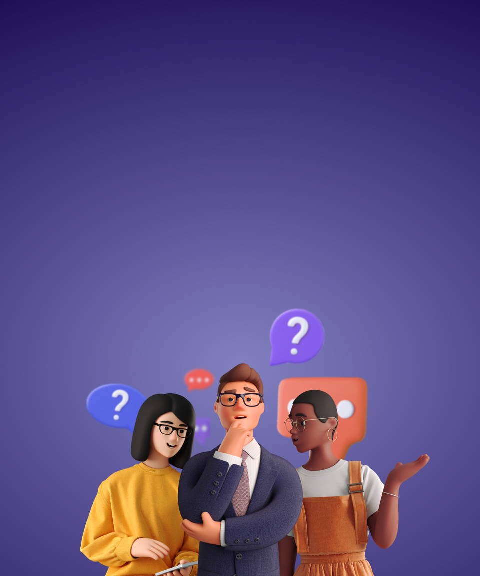 Three people making guesses with various question mark speech bubbles in the background for Confetti's Virtual Codeword