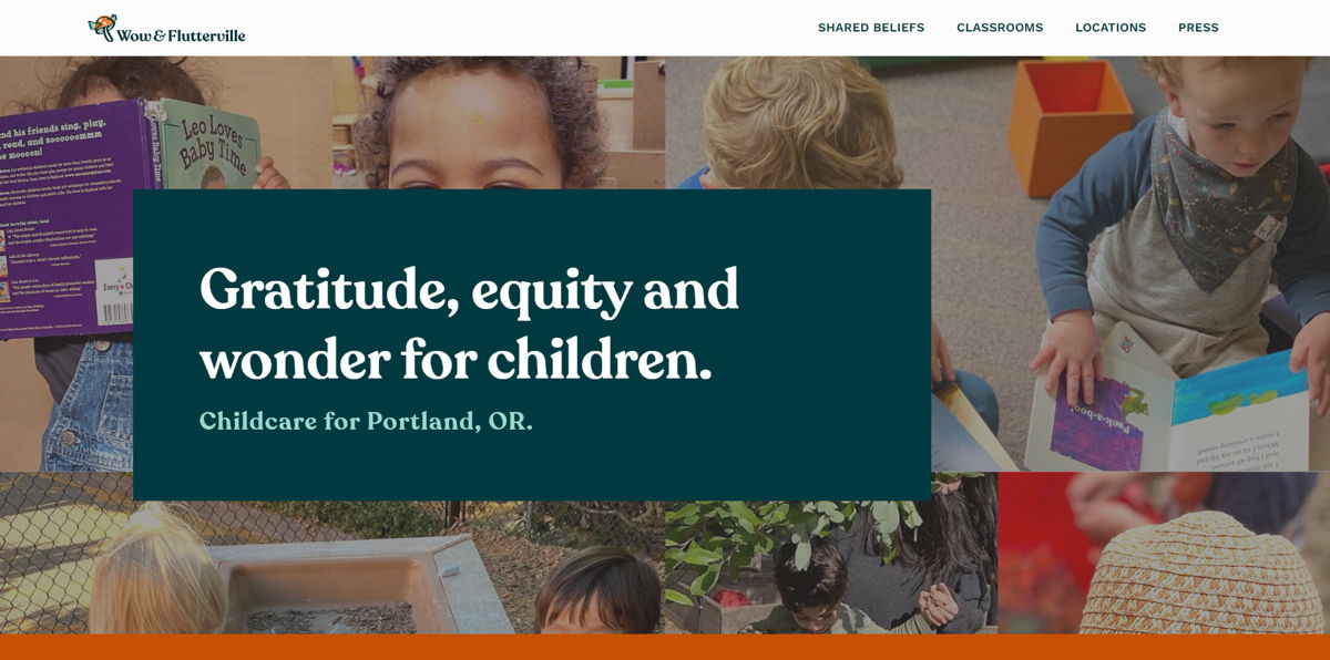 Screenshot of Wow & Flutterville Playgardens and Childcare, from the childcare & daycare websites collection.
