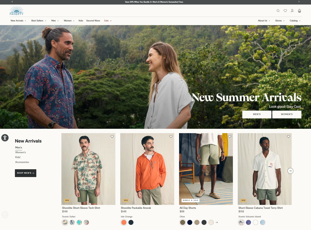 Screenshot of Faherty Brand , from the shopify clothing stores collection.