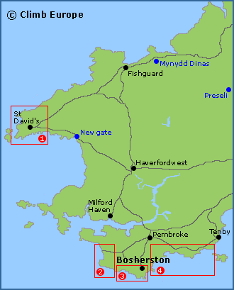 Map of the rock climbing and bouldering areas in Pembroke