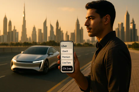 Man holding phone with Uber app displaying ride options and ETA, a silver electric car drives by on a street in front of a modern city skyline at sunset.