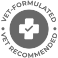 Illustration of healthcare cross with a checkmark with text reading Vet-Formulated and Vet-Recommended.