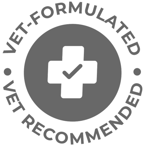 Illustration of healthcare cross with a checkmark with text reading Vet-Formulated and Vet-Recommended.