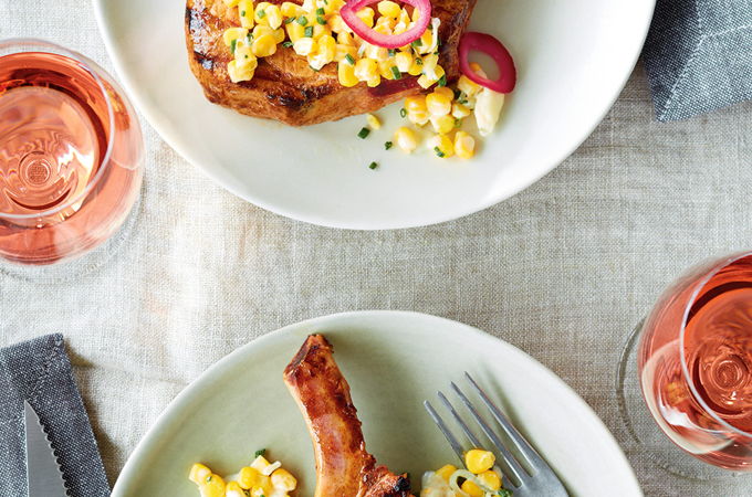 Pork Chops with Corn, Pickled Onion and Cheese Curds