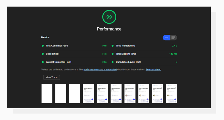An example of a good Time To Interactive result. A screenshot of decent Google Lighthouse Audit results