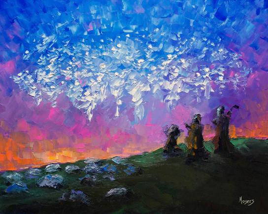 Impressionist painting of angels visiting shepherds in the field. 