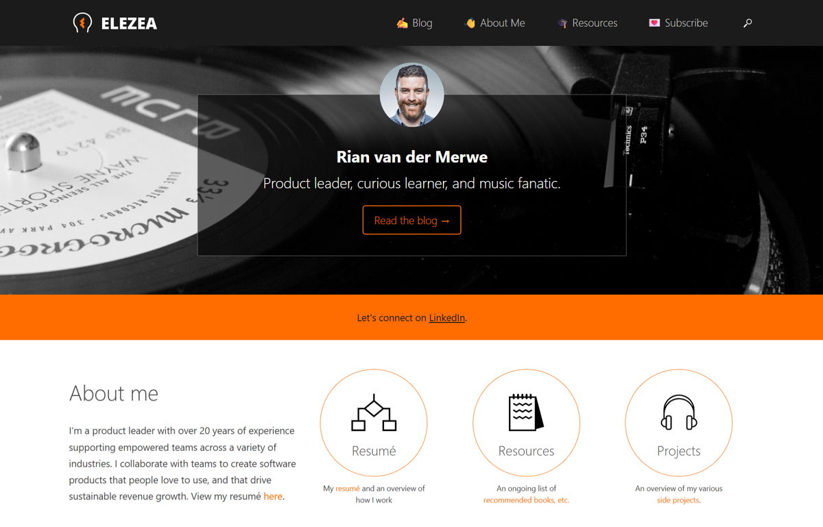 Screenshot of Rian van der Merwe – Elezea, from the product manager portfolios collection.