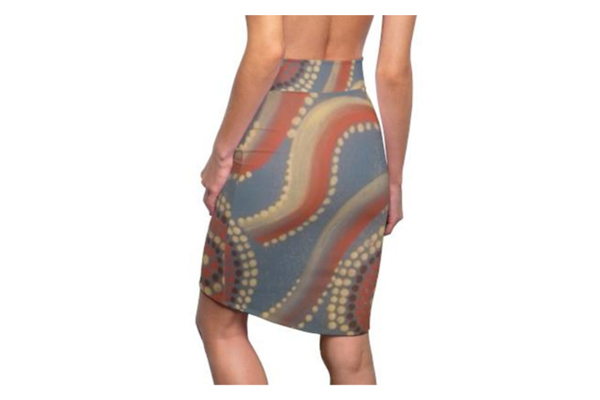 Aboriginal Dot Wave Print Pencil Skirt | Artistic Tribal Pattern - Image 4