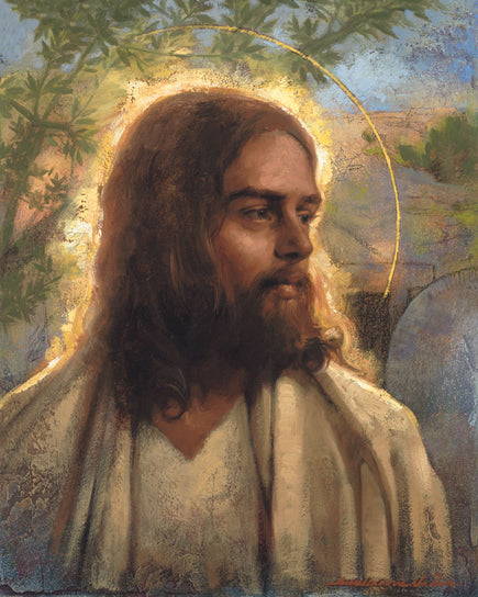 Stucco style painting of Jesus. A subtle halo of gold encircles His head and the empty tomb is in the background. 