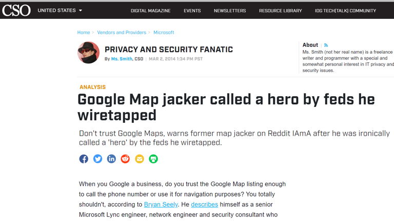News cover Google Map jacker called a hero by feds he wiretapped | CSO Online 