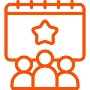 Orange outline icon showing three people in front of a calendar with a star in the center, suggesting a special event, meeting, or important group activity.