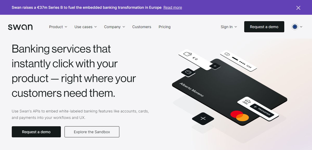 Screenshot of Swan, from the saas websites collection.