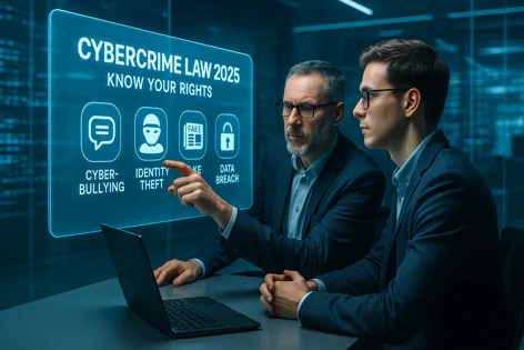 Two men in suits look at a glowing screen showing Cybercrime Law 2025 details including icons for cyberbullying, identity theft, fake news, and data breach.