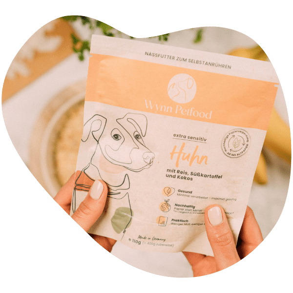 Orange-weiße Papierverpackung, Hundefutter, gehalten in Händen, im Hintergrund Napf und Obst