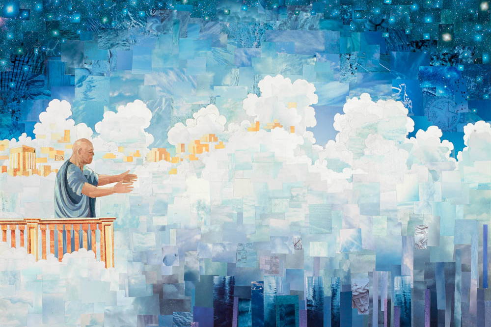 Collage painting of the prophet Enoch preaching from a balcony surrounded in clouds. The city of Enoch is behind him. 