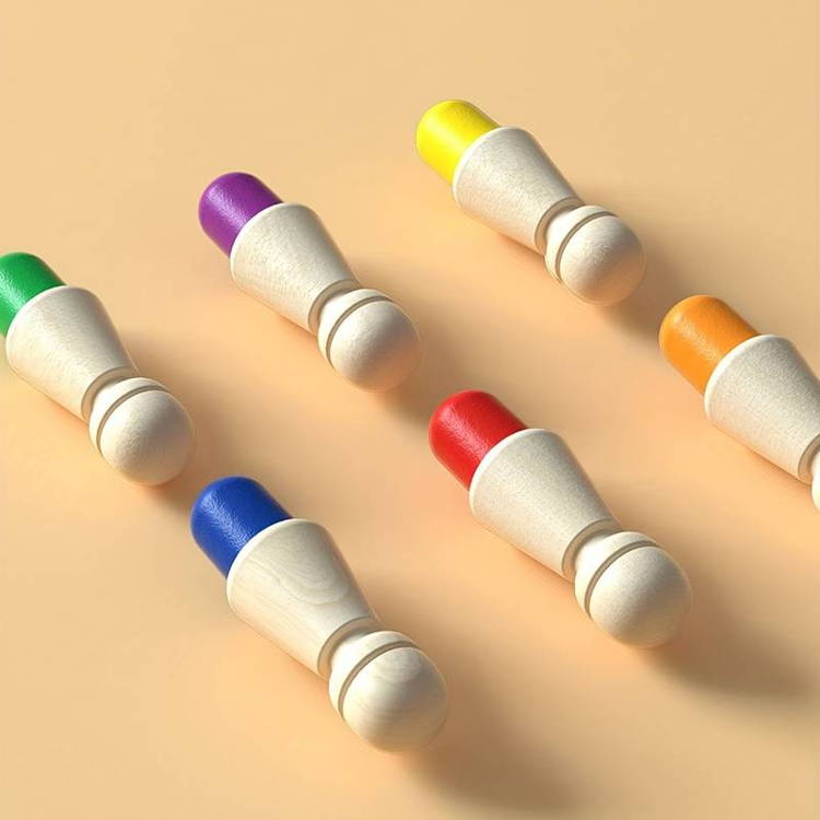 Colorful pegs lined around a wooden board memory game for children.