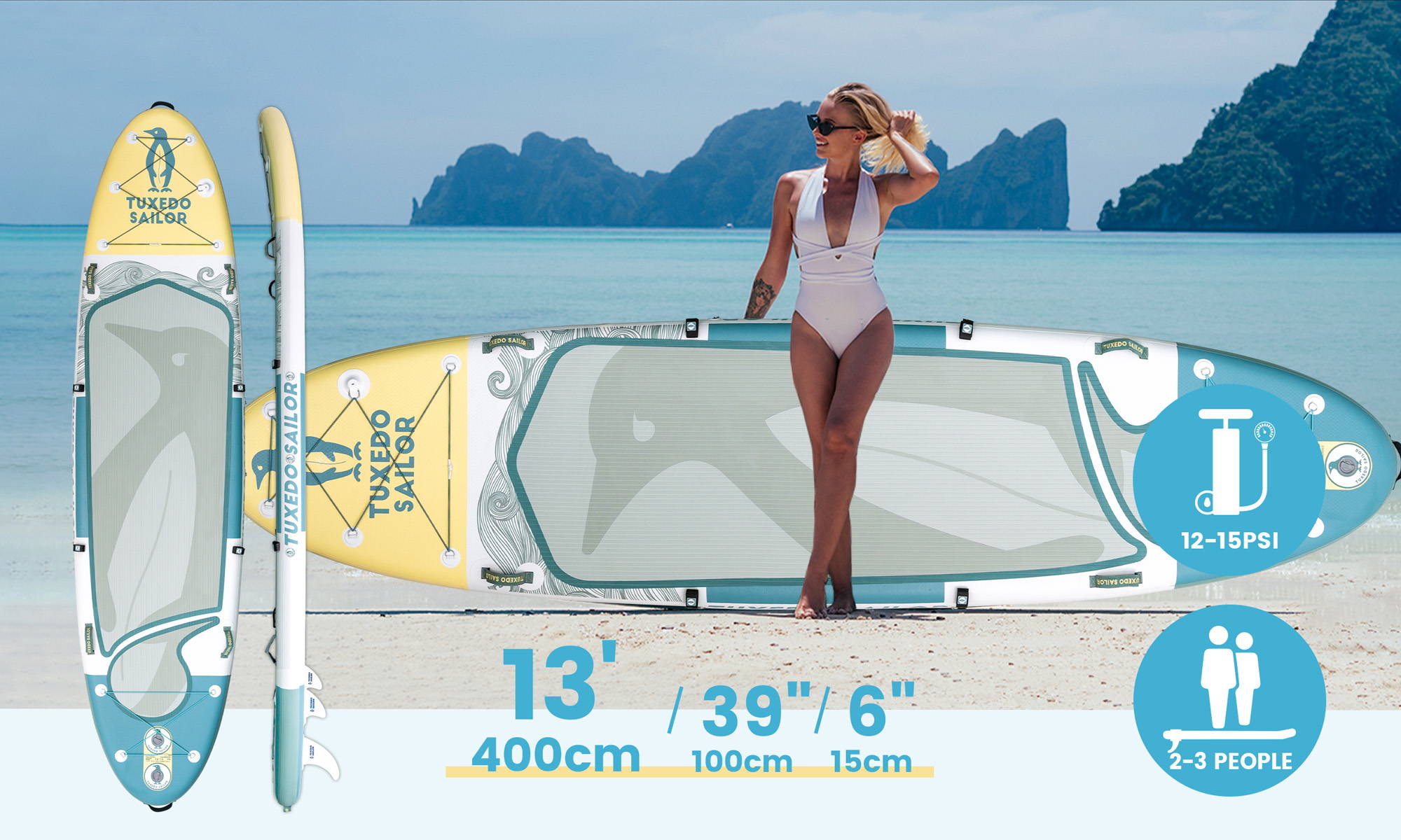 There is a woman standing in front of the Tuxedo Sailor inflatable stand up board, which can hold 2-3 people at the same time
