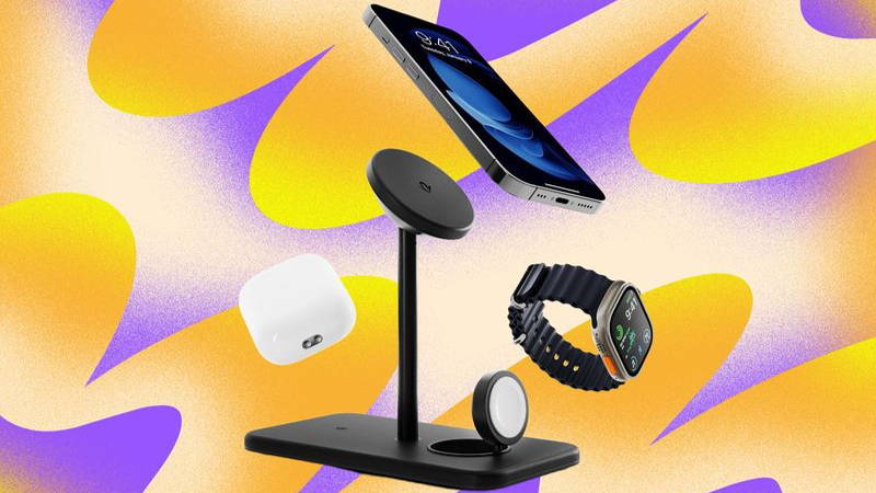 Narrow black stand to hold a mobile phone, watch, and case for earpods