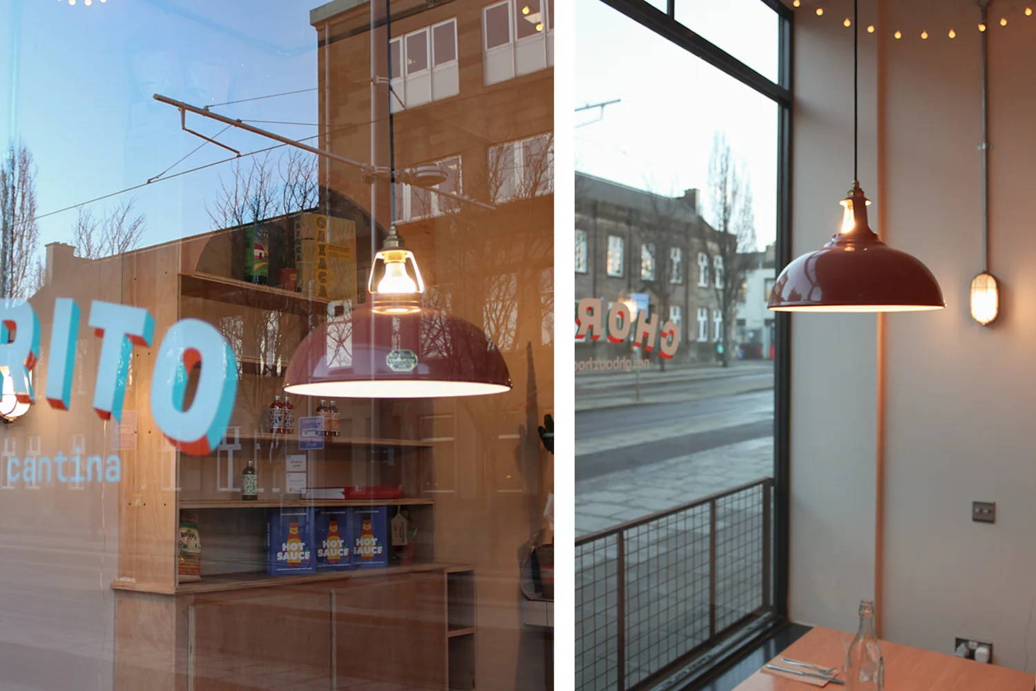 Two images. The image on the left is looking through a window onto a Terracotta coloured Coolicon Lampshade. The image on the right shows a Large Terracotta Lampshade hanging over a set table, next to a window outlooking the street.