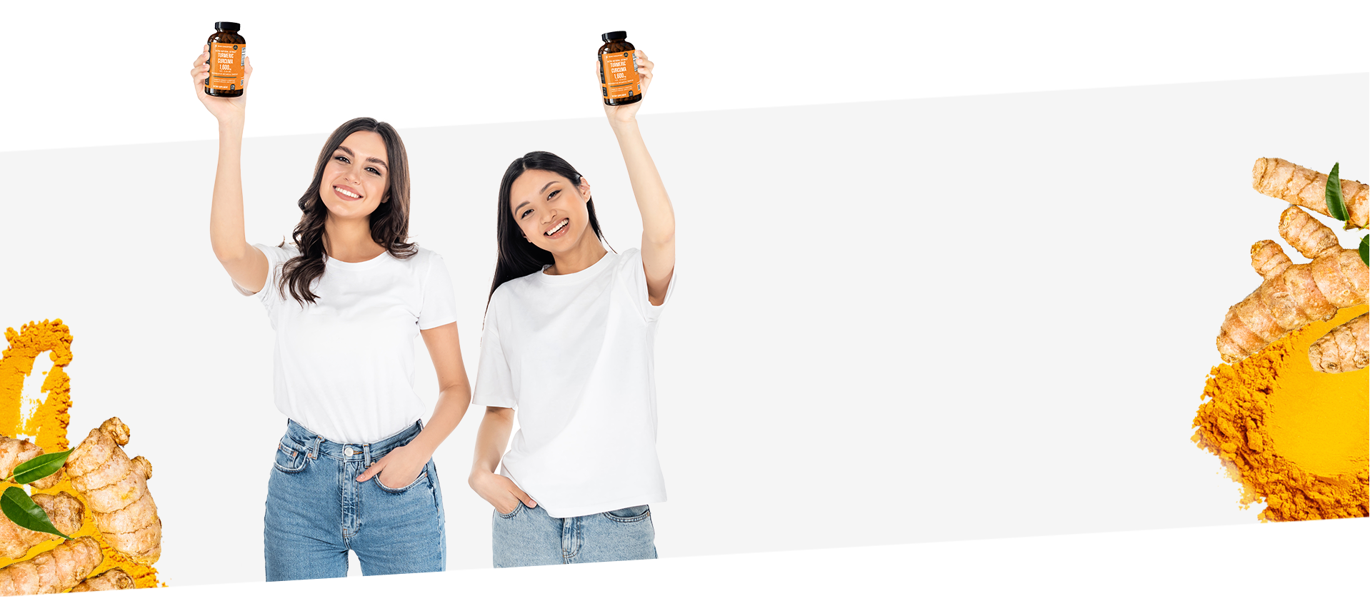 Two beautiful ladies each holding a bottle of the best Turmeric Supplement singapore