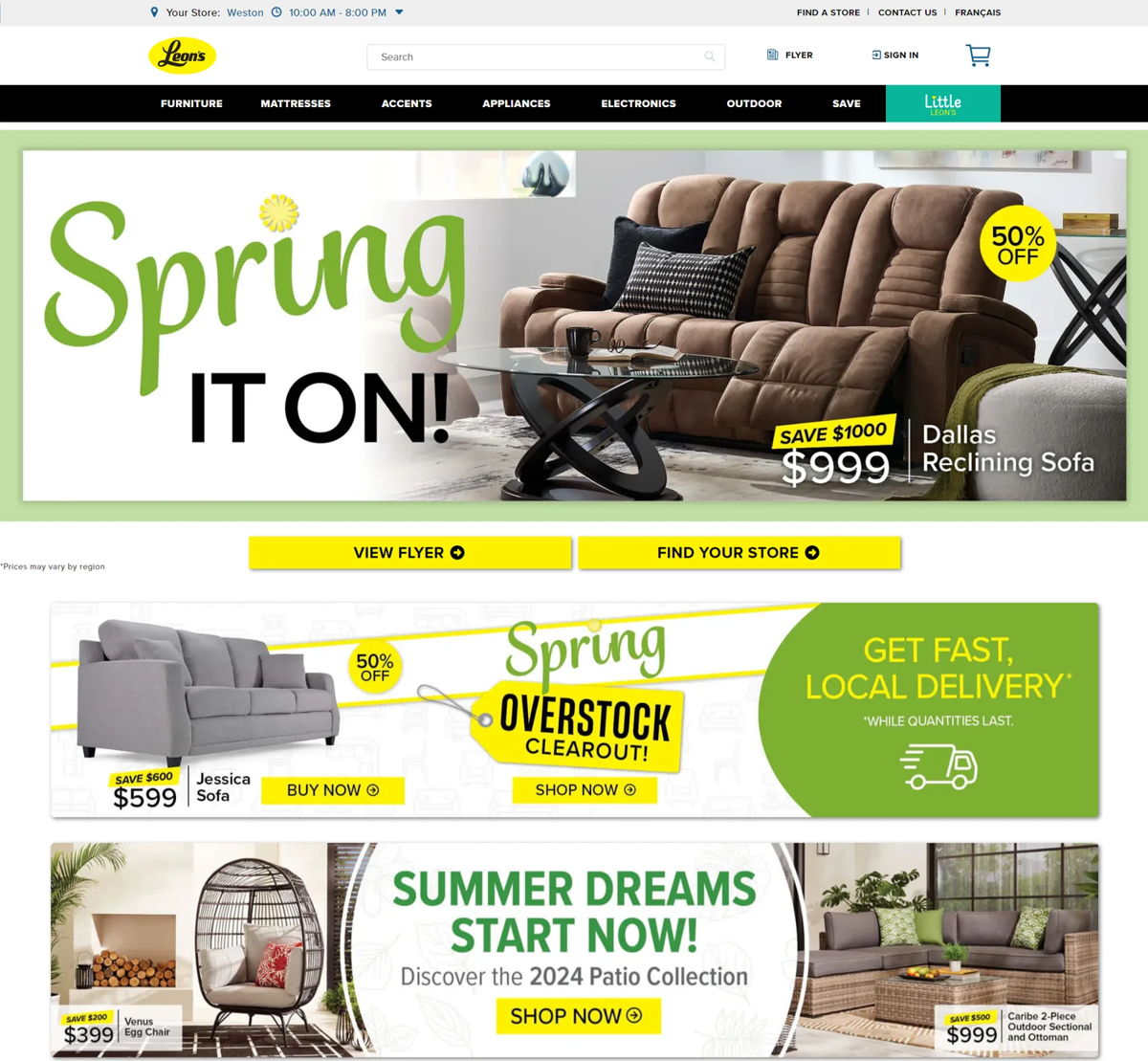 Screenshot of Leon's, from the shopify furniture stores collection.