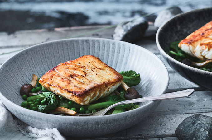 Seared Halibut with Mushrooms and Peas