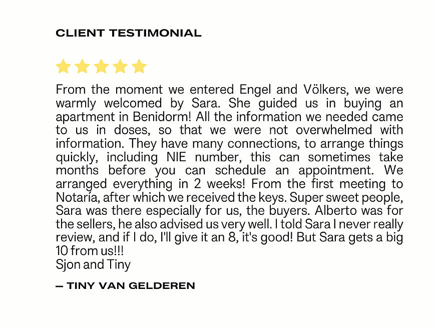  Benidorm, Costa Blanca
- Perfect customer care. Our house was sold by Marie-Alice Geerts from E&V for a reasonable price. We have always felt very well advised by her. No questions remained unanswered. Marie-Alice advised us competently a (3).png