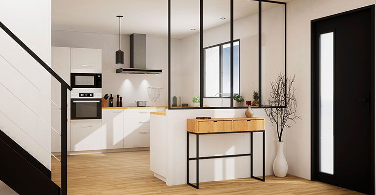 Verrière d’intérieur à profilés noirs séparant une cuisine